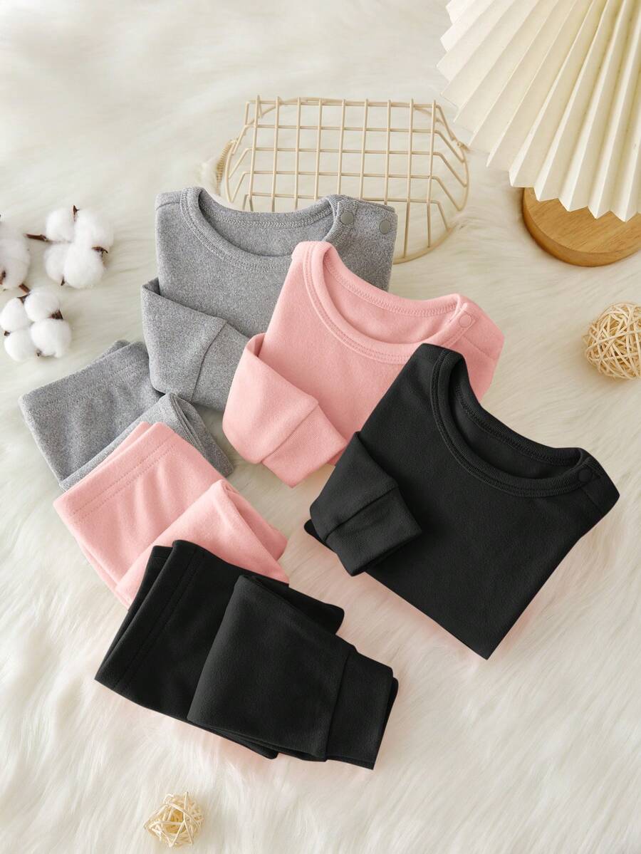 SHEIN Leap Crew Dozemod 儿童新生女宝宝简约舒适针织抓绒高弹力拉绒圆领长袖长裤睡衣套装,2件套 - 彩色 - 查看 1