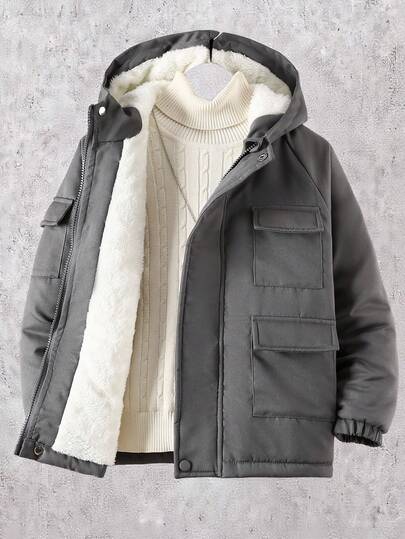 SHEIN Vacaura Tween Boy 休闲保暖内衬拉链连帽加厚外套，冬季