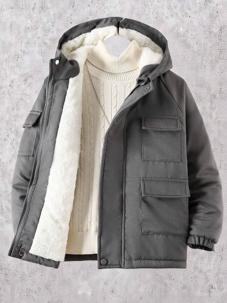 SHEIN Vacaura Tween Boy 休闲保暖内衬拉链连帽加厚外套，冬季