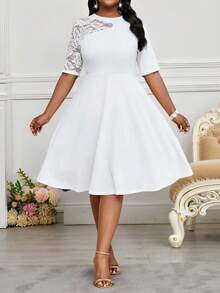 Fleurora 大码女士优雅派对纯色蕾丝拼接中长连衣裙，复活节礼服，女士毕业礼服，婚礼宾客礼服，女士度假波西米亚风邮轮服装，女士正式礼服