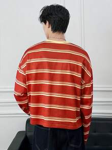 Manfinity BRENVOR 男士休闲通勤动物刺绣条纹落肩长袖T恤 - 紅色 - 查看 3