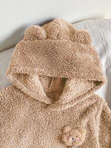 2件套男童可爱熊耳连帽衫和宽松长裤棕色毛绒舒适休闲家居服套装