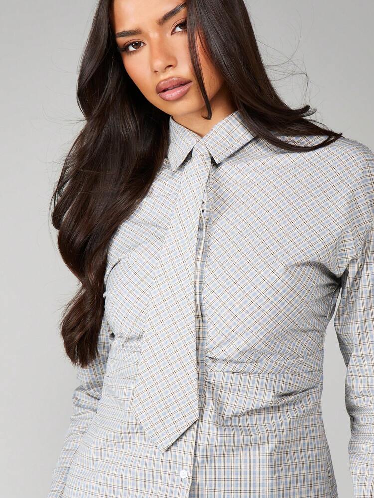 MISSGUIDED Women Long Sleeve Button Up Check Pattern Tie Front Collared Blouse Office Business Shirt With Waist Detail Fall Winter Professional Work Top
