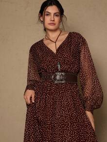Freevana 大码复古波点印花休闲连衣裙 - 咖啡棕 - 查看 3