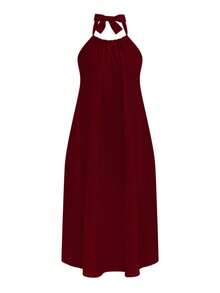 SHEIN Clasi Plus Size Elegant Solid Color Backless Halter Dress, Summer - Burgundy - View 3