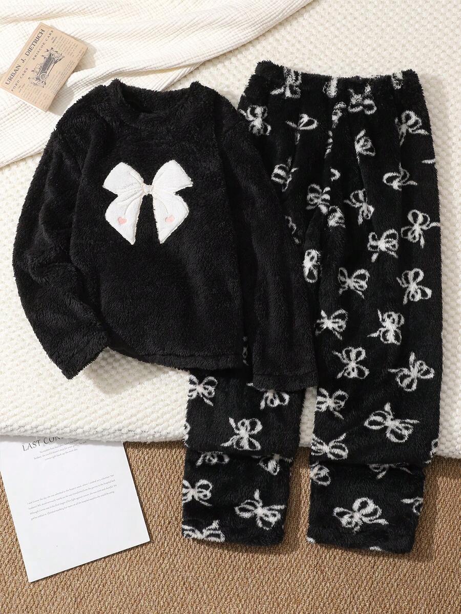 Girls Elegant Butterfly Embroidery Long Sleeve Top And Butterfly Velvet Pants Set, Casual Loungewear For Autumn/Winter - Black - View 1