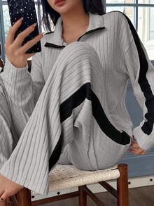 SHEIN 女士休闲撞色拼接半拉链领长袖上衣和阔腿裤家居服套装，冬季服装 - 灰色 - 查看 6