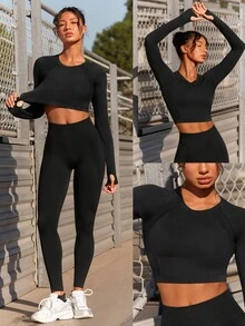 GLOWMODE Swift Seamless Cropped Length Long Sleeve Thumbholes Top Running Jogging Training Gym Workout - Black - View 9