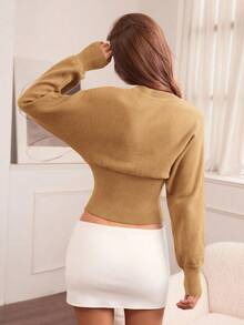 Hanevo Casual Round Neck Drawstring Waist Slim Fit Solid Color Knit Sweater, Versatile For Autumn/Winter - Camel - View 2