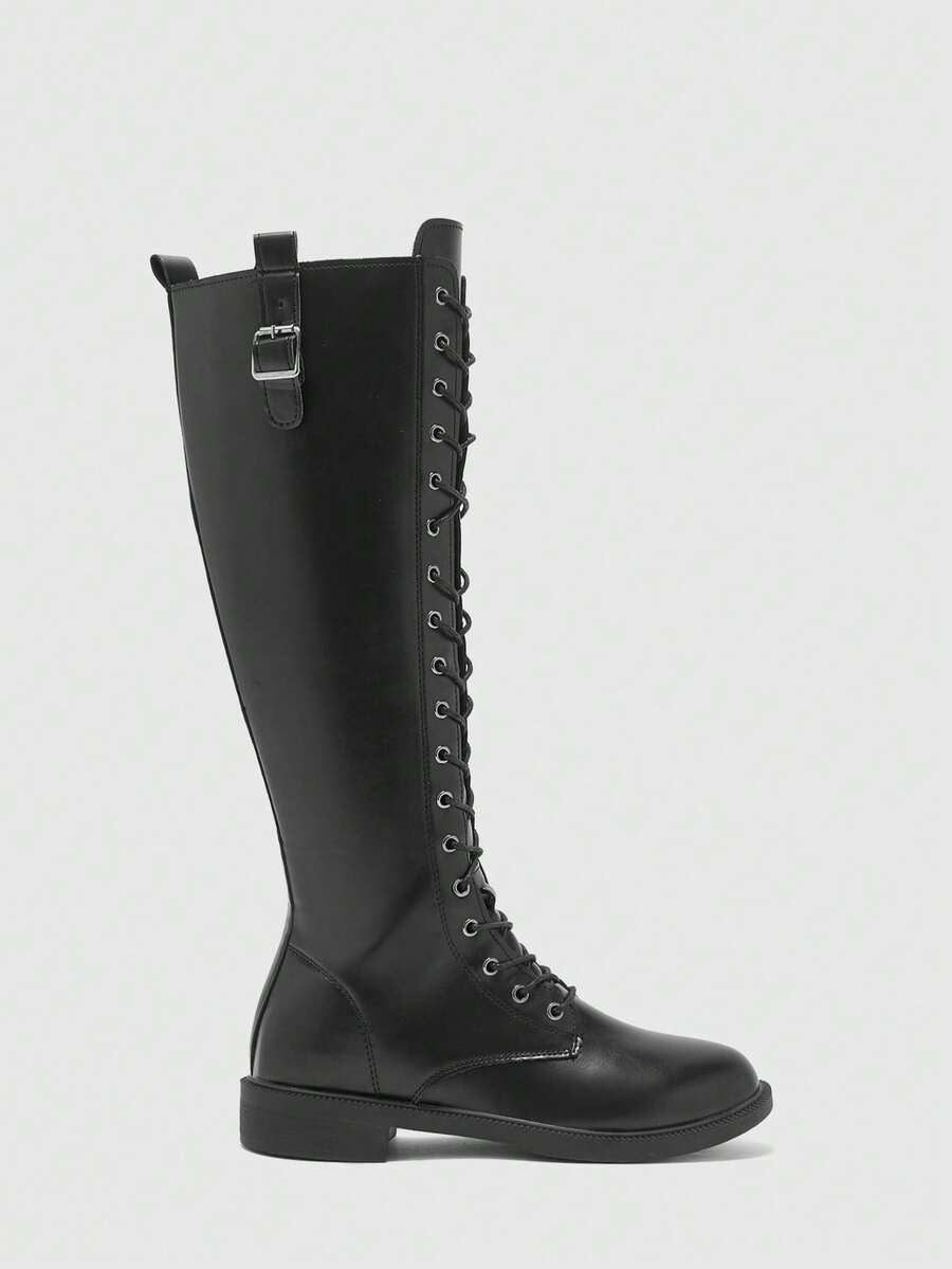 CUCCOO BIZCHIC 女式圆头系带侧拉链及膝靴，黑色，百搭休闲通勤平底高筒靴，靴子