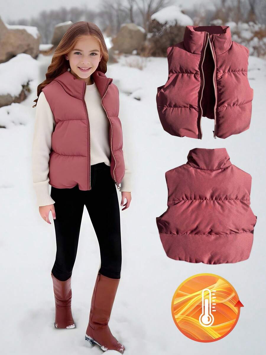 SHEIN Tween Girl Fashionable Stand Collar Cinched Waist Short Fitted Padded Vest, Suitable For Casual, Commute, School Wear In Autumn/Winter Fall , Puffer Vest - Redwood - View 1