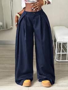 Coolane Women's Fall/Winter Cool Girl Vintage Casual Streetwear Going Out Oversized Brown Curved Hem Pants Pants Striped Blue Cargo Pants - Navy Blue - View 4