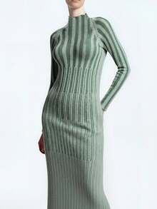 SHEIN LUNE Women's Autumn/Winter New High Neck Fitted Elegant High-Quality Slim Fit Versatile Daily/Commute Long Sleeve Knit Sweater Dress - Green - View 4
