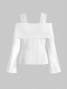 ROMWE Kawaii 1 Conjunto de Mujer con Suéter Rasgado de Encaje en los Tirantes y Pantalones de Pierna Ancha, Ropa de Estar por Casa Cómoda y Casual - Beis - Ver 8