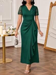 SHEIN Lady Vestido elegante de mujer con mangas cortas, volantes, parches florales y lentejuelas de malla - Verde Oscuro - Ver 5