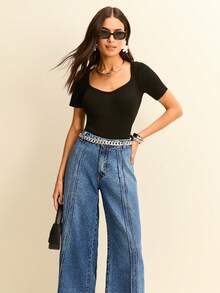 Daynim Quần jeans ống rộng cạp cao, đường may phía trước, chất liệu trơn. - Rửa trung bình - Xem 7