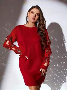 SHEIN Clasi 1pc Women Plus Size Round Neck Sequin Bow Tie Long Sleeve Fitted Sweater Dress - Red - View 3