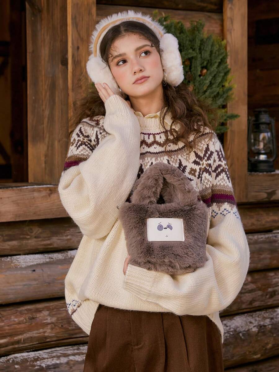 We Bare Bears X SHEIN 女士手提包、斜挎包、仿皮草、毛绒、毛绒绒、毛绒包、可爱、卡通、熊、动物、时尚、个性化、简约、百搭、辣妹、Y2K、秋冬 - 深灰色 - 查看 1