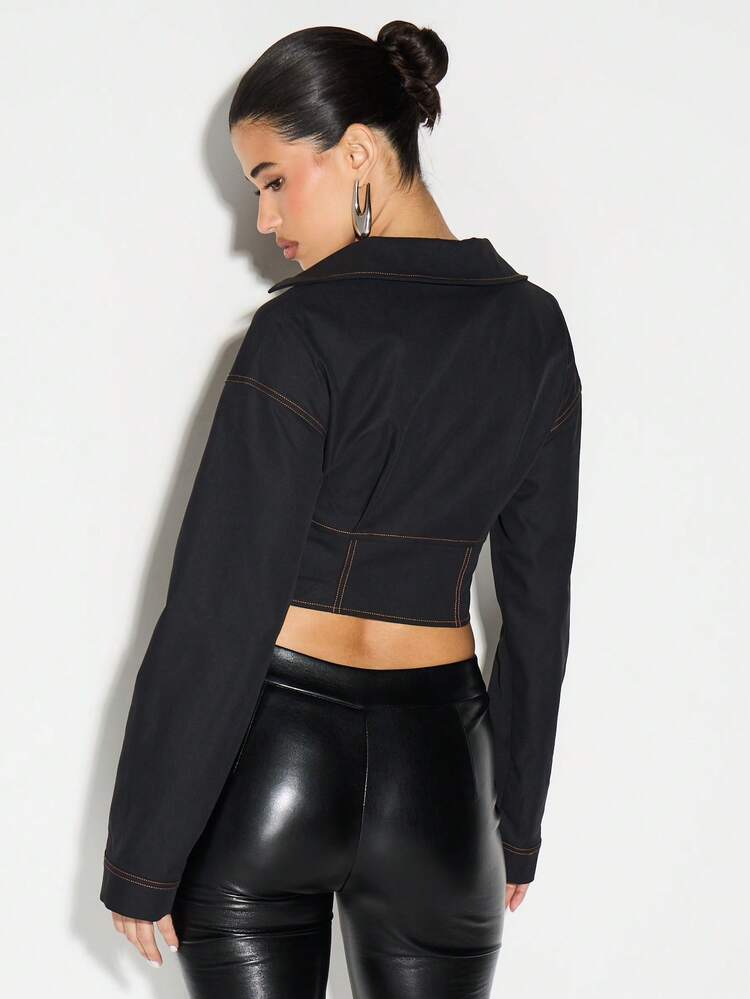 KIZN Long Sleeve Zip Up Corset Top With Contrast Stitching