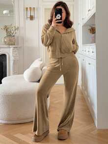 DAZY 2件套女士毛绒休闲连帽开衫长袖套装（含长裤），冬季 - 棕色 - 查看 1