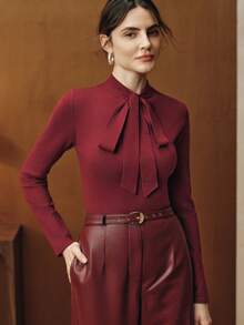 Anewsta Women's Elegant Party T-Shirt With Bow Tie Decor, Long Sleeve, Suitable For Christmas, Thanksgiving, High-End - Burgundy - View 4