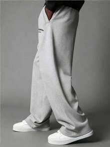 Manfinity Dauomo 男士字母印花抽绳腰带口袋休闲宽松运动裤 - 灰色 - 查看 3