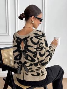 Serisse Women's Fashionable Elegant Bow Shoulder Long Sleeve Sweater, Bow Decoration On The Back,Fall For Women,Going Out ,Chic  Sweater, Fall For Women,New Year ,Party,Graduation ,Casual, Prom ,Going Out Tops Winter Casualwinter Clothes For Women,Summer, Christmas ,  Elegant,Leopard,Black, Casual,Sweaters For Women - Apricot - View 6