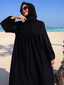 Swim Mulvari 3pcs/Set New Elegant Black Long Sleeve Dress, Jumpsuit Swimsuit & Headscarf Burkini Set, Beach Vacation Outfit For Women, Autumn/Winter Abayas Muslim Women Abayas Dubai Luxury Modest Swim Dress Black Abaya Modest Swimsuit - Black - View 2