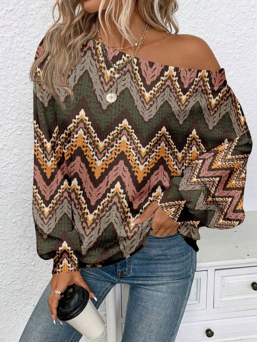 EMERY ROSE Women's Casual Off-Shoulder Wavy Striped Contrast Color Vintage Bohemian Print Sweater, Suitable For Autumn/Winter, Suitable For Outings, Street Style, Work Commute, Dates, Parties, Chic,Sweaters For Women