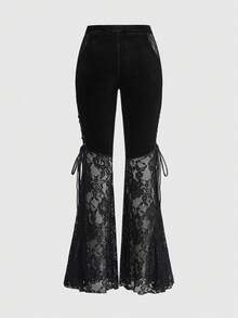 ROMWE Goth 女士复古哥特式神秘浪漫宫廷蕾丝拼接系带薄纱天鹅绒喇叭裤 - 黑色 - 查看 2