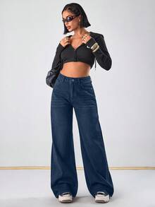 WOMEN CLASSIC HIGH WAIST WIDELEG BLACK WASH DENIM JEAN BACK LABEL AND RİVET - Medium Wash - View 5