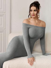 Modelyn Robe pull élégante à manches longues et épaules dénudées de couleur unie bordeaux pour femmes