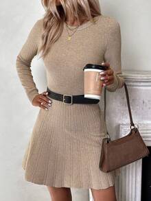 EMERY ROSE Solid Ribbed Knit Sweater Dress Without Belt Fall Winter Cloth For Women - Apricot - View 5