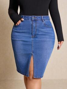 Elaquor 大码休闲水洗开衩修身牛仔裙 - 中等水洗藍 - 查看 3