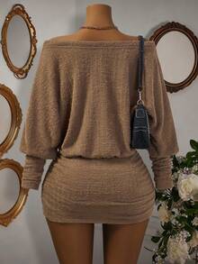 SHEIN LUNE Autumn Women's Fashion Sexy Sheer Long Sleeve Bodycon Casual Street Party Vacation Dress, Off-Shoulder Ladies Bodycon Dress Tan Two Piece Set Two Piece Set Women Comfy Brown Two Piece Set Women Two Piece Lounge Set Comfortable Two Piece Set - Khaki - View 2