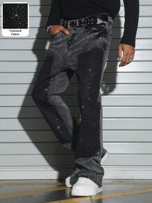 PAVTROS Men's Fashionable American Washed Shadow Rhinestone Embellished Flared Jeans Glitter Jeans - Grey - View 6