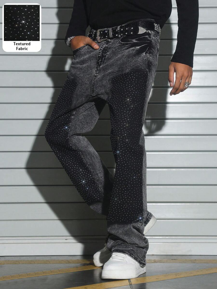 Manfinity EMRG Men's Fashionable American Washed Shadow Rhinestone Embellished Flared Jeans Glitter Jeans - Grey - View 1