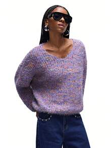 GENKIRA Autumn/Winter New Slouchy V-Neck Long Sleeve Contrast Color Pullover Sweater - Purple - View 3