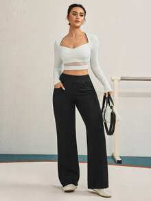 Pantalones vaqueros de pierna ancha, estilo casual deportivo, con elástico para mujer - Negro - Ver 2