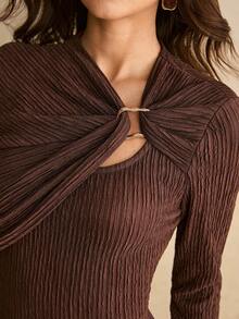 Poéselle Robe mini moulante à la mode à col asymétrique, couleur unie, pour femme - Tabac - Voir 1