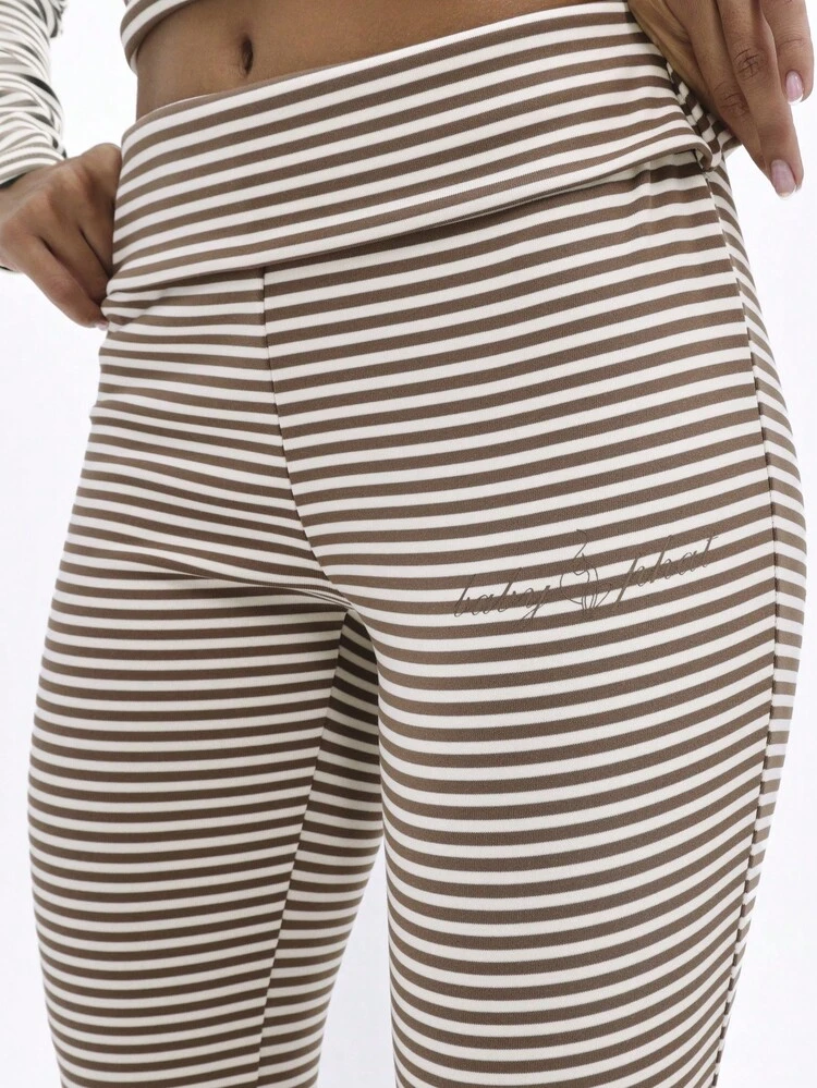 BABYPHAT Striped High Rise Flare Leggings With Fold Over Waistband Horizontal Stripes Bell Bottom Stretchy Ribbed Fabric Fall Winter Casual
