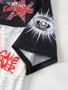 ROMWE MEN Anime Camiseta de manga corta de jersey deportivo para hombre, con parches de tela de malla, para verano