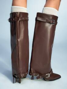 Sugerpunk Women's Adjustable Buckle High Heel Pant Boots, Fashion & Commuter For Christmas - Coffee Brown - View 5