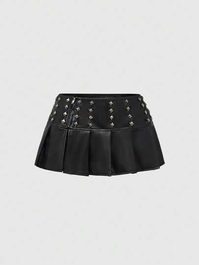 ROMWE Avant Plus Size Women Kpop Punk Rivet Pleated Decor PU Leather Mini Skirt, Punk PU Short Hem Mini Skirt, Black PU Mini Skirt