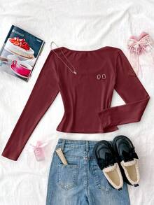 SHEIN T-shirt court à manches longues ajusté décontracté à col rond de couleur unie pour adolescentes - Rouge - Voir 8