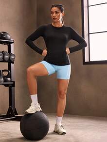 Powerista 字母图案宽带腰运动短裤，带手机口袋，蓝色短裤，女士网球服骑行短裤氨纶短裤 - 淺藍色 - 查看 3