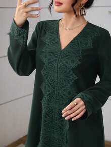 Al Najma Green Lace Trim Casual Everyday Arabic Style Dress For Women - Dark Green - View 3