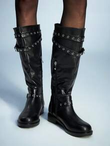 Sugerpunk Botas altas hasta la rodilla con cremallera y hebilla ajustable de moda para mujer - Negro - Ver 1
