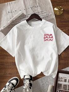 EMERY ROSE Plus Size Summer Casual Letter Print Short Sleeve T-Shirt - Multicolor - View 2