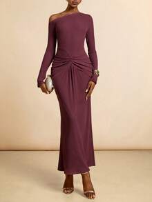Vesra Robe longue élégante à fronces de couleur unie avec épaule asymétrique pour femmes - Tabac - Voir 3
